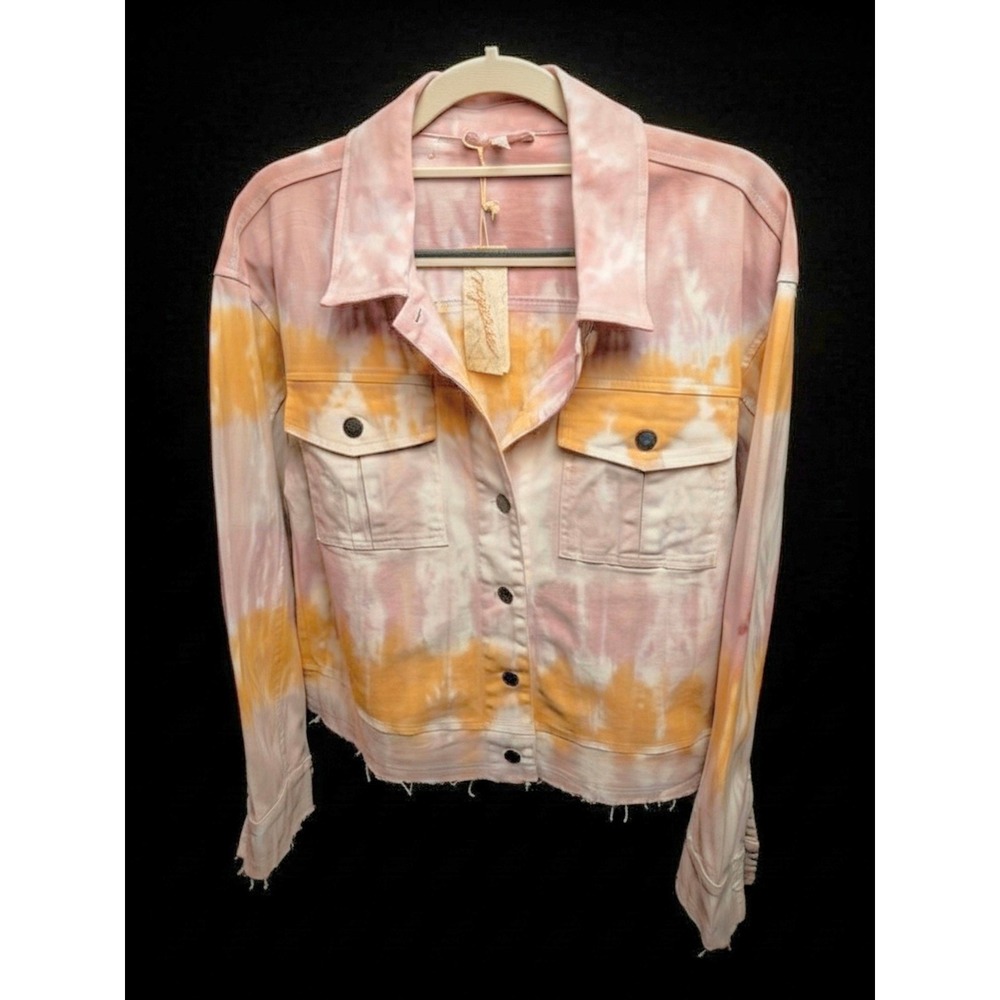 Mystree Mauve Mustard Tie Dye Denim Sz L Trucker Cropped Jacket Raw Hem 19493